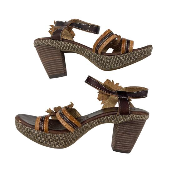 Spring Step Lavish Floral Applique Leather Block Heel Sandal Brown 37 / US 6.5 - Picture 2 of 8
